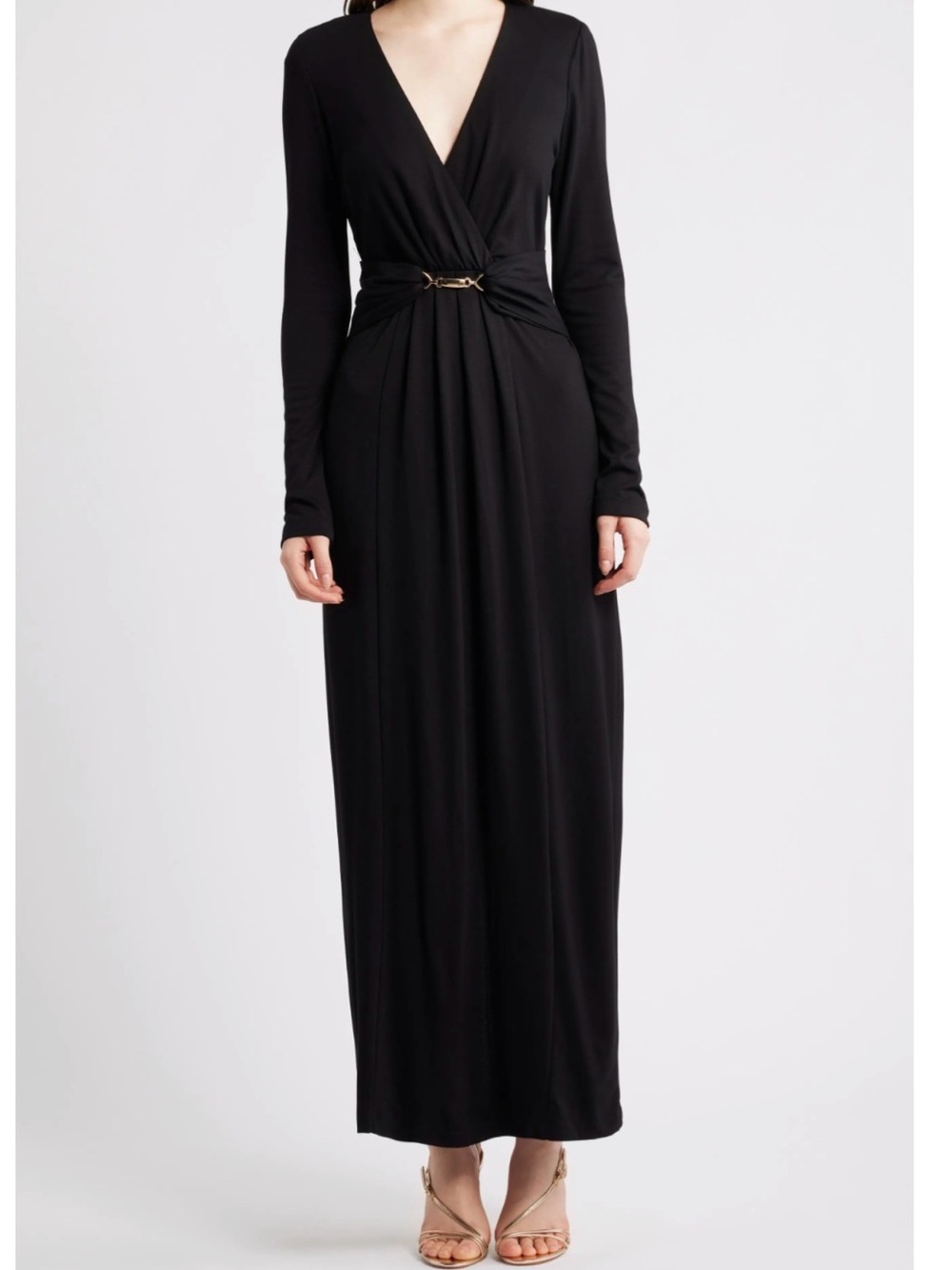 Long Sleeve Black Wrap Formal Dress